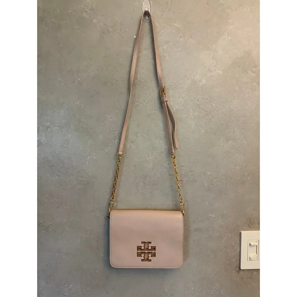 Tory Burch Britten Combo Crossbody Bag Pebbled Leather Chain Purse Gold Logo